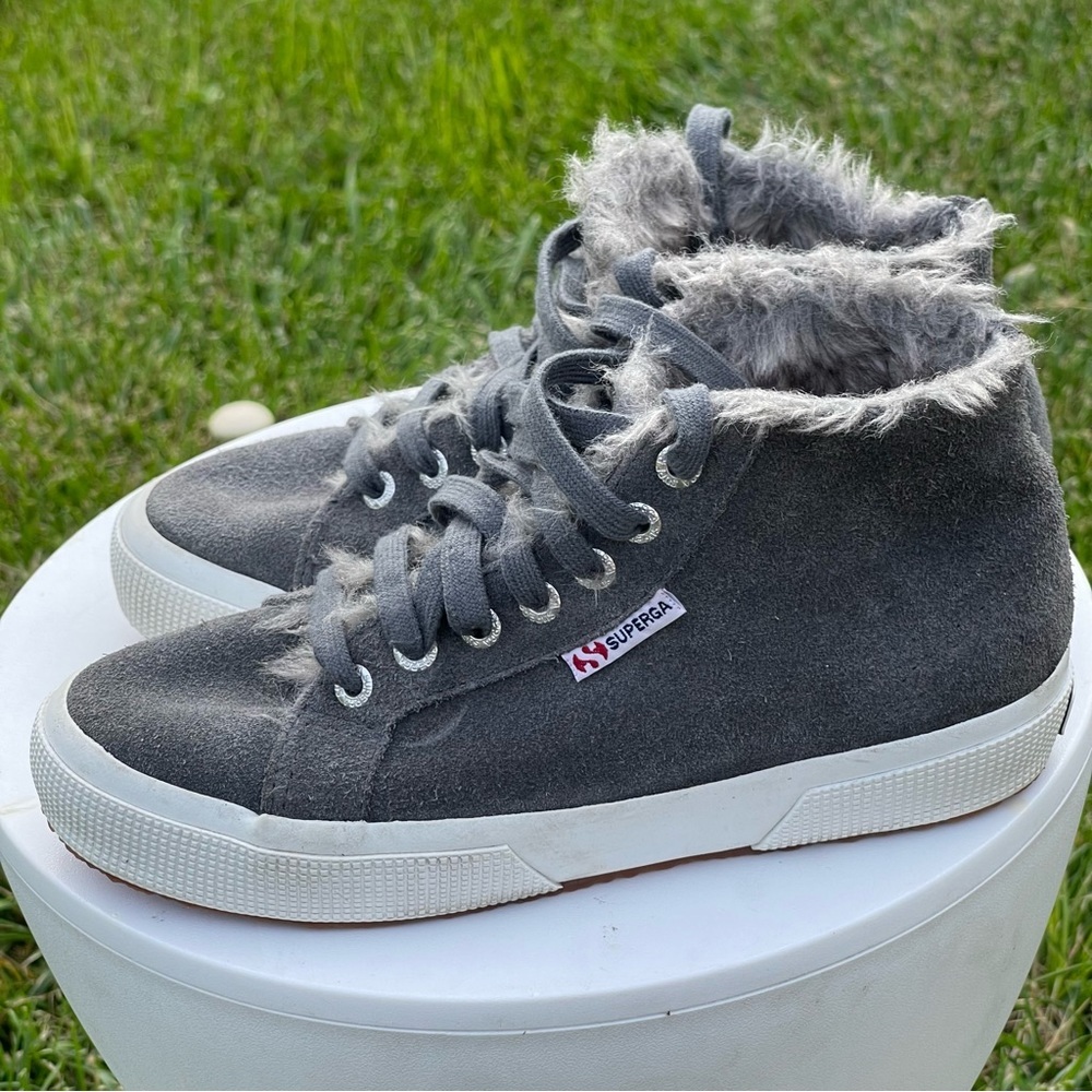Superga Sneakers Womens US 6 EU 36 Gray High Top Sherpa Fur Lined Suede Gum Sole